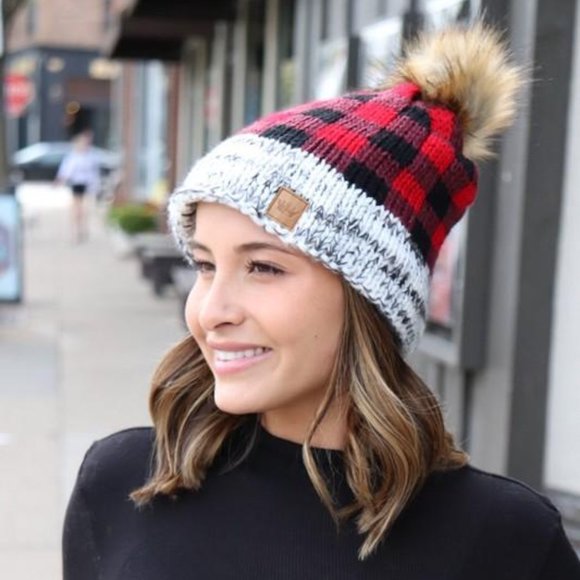 JUST FOR WARMTH BUFFALO PLAID BEANIE-RED - Picture 4 of 5